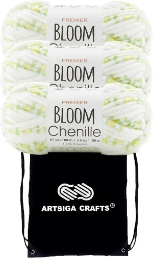 Premier Yarns Bloom Chenille Daffodil 2099-01 (3-Skeins - Same Dye Lot) Weight S Bulky #6 Polyester Yarn for Crocheting and Knitting with Project Bag