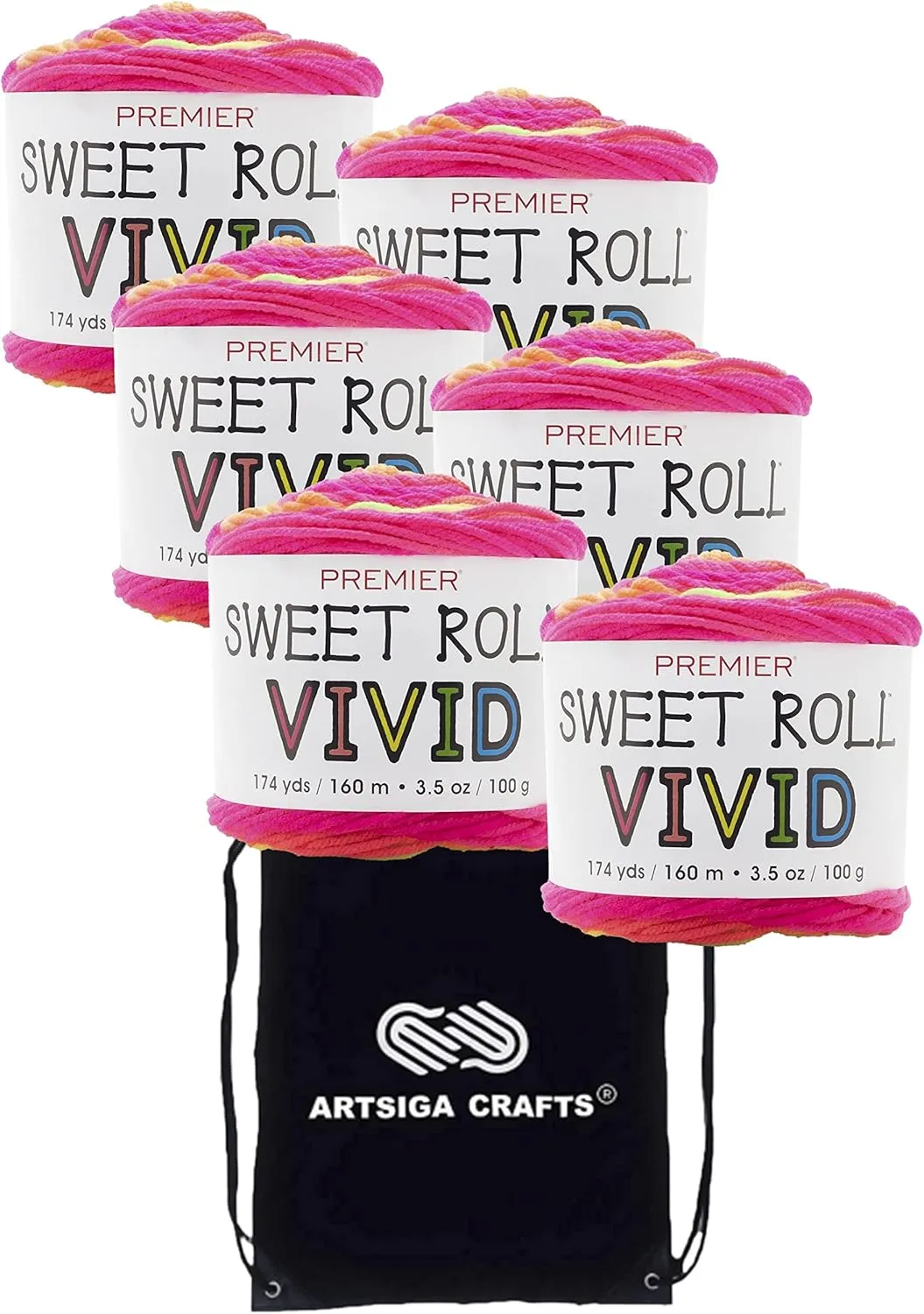 Premier Yarns Sweet Roll Vivid Neon Signs 2100-07 (6-Skeins - Same Dye Lot) Worsted Medium #4 Acrylic Yarn for Crocheting and Knitting with Project Bag