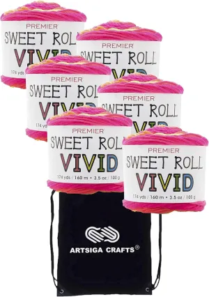 Premier Yarns Sweet Roll Vivid Neon Signs 2100-07 (6-Skeins - Same Dye Lot) Worsted Medium #4 Acrylic Yarn for Crocheting and Knitting with Project Bag
