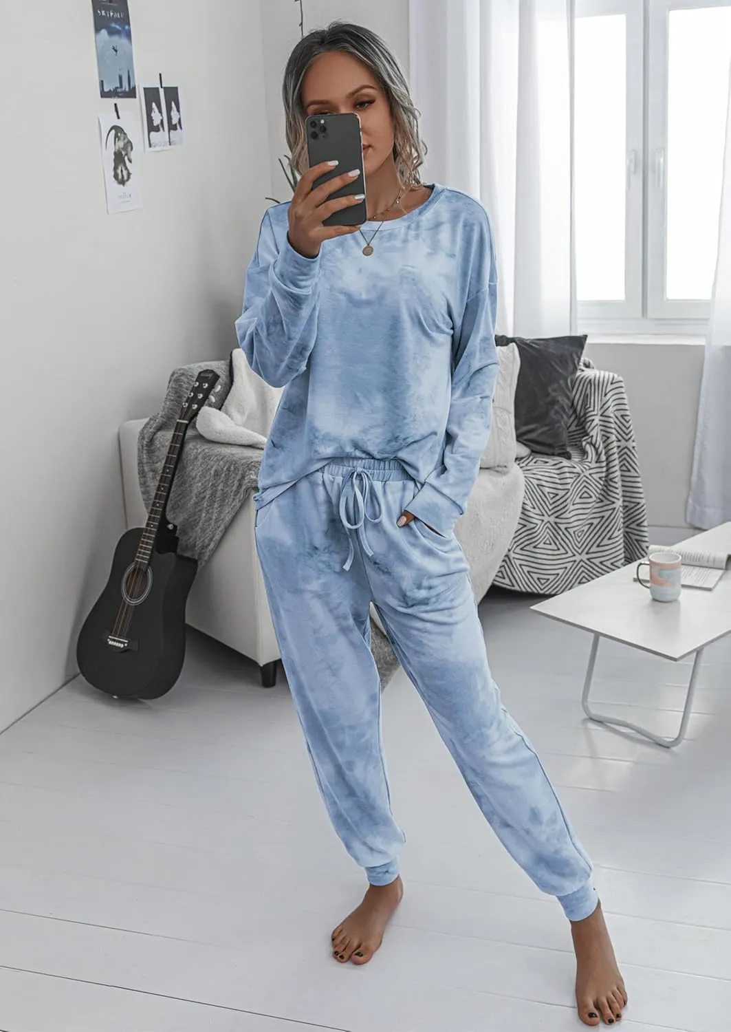 PRETTYGARDEN Women's Tie Dye Two Piece Pajamas Set Casual Long Sleeve Sweatshirt with Long Pants Loungewear