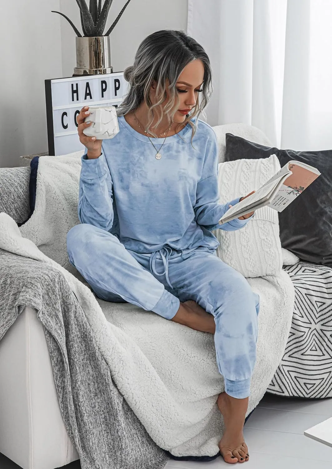 PRETTYGARDEN Women's Tie Dye Two Piece Pajamas Set Casual Long Sleeve Sweatshirt with Long Pants Loungewear