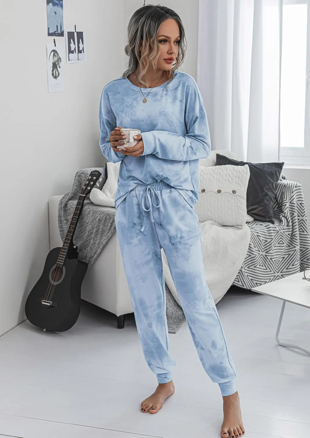 PRETTYGARDEN Women's Tie Dye Two Piece Pajamas Set Casual Long Sleeve Sweatshirt with Long Pants Loungewear