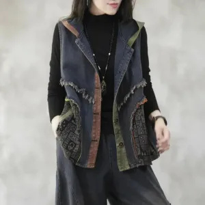 Print Patchwork Denim Vest Jacket