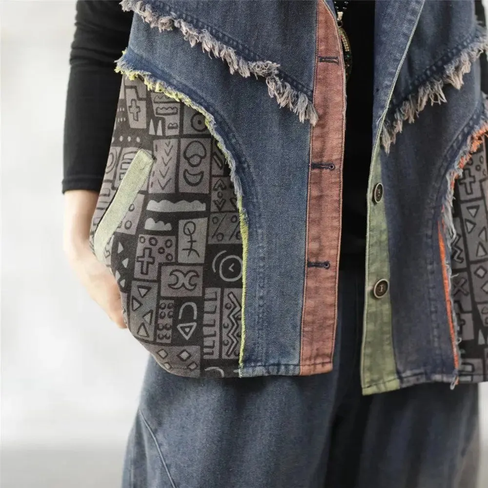 Print Patchwork Denim Vest Jacket