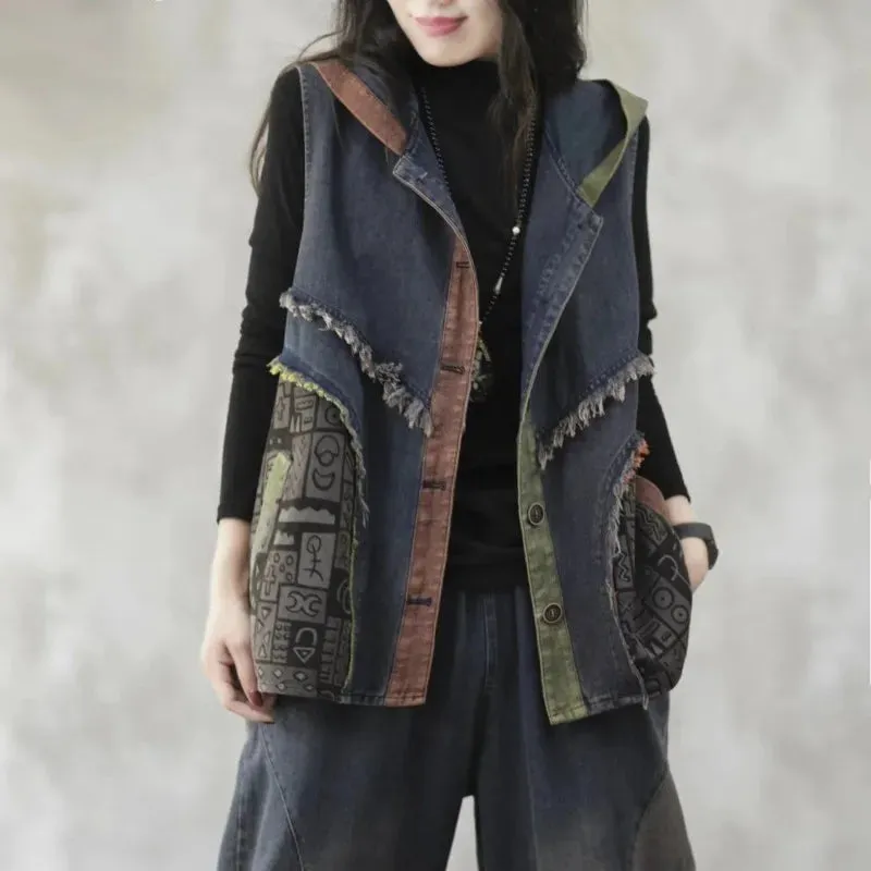 Print Patchwork Denim Vest Jacket
