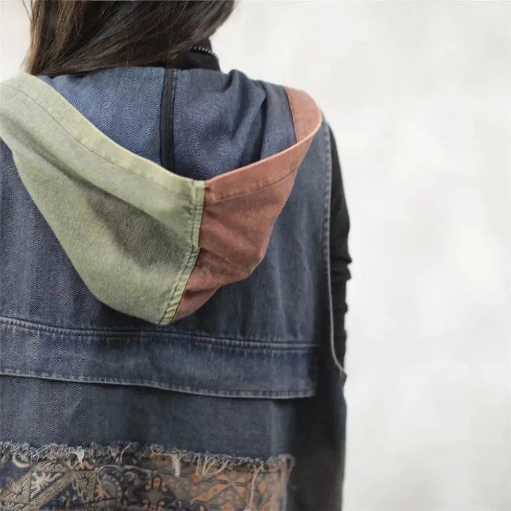 Print Patchwork Denim Vest Jacket