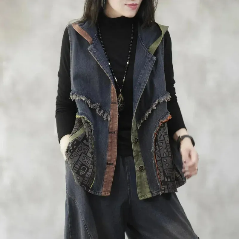 Print Patchwork Denim Vest Jacket