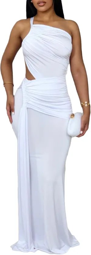 Ptorlio Womens Summer Maxi Dress Sexy Party Vacation Bodycon Ruched Backless Stretchy Asymmetrical Long Dresses