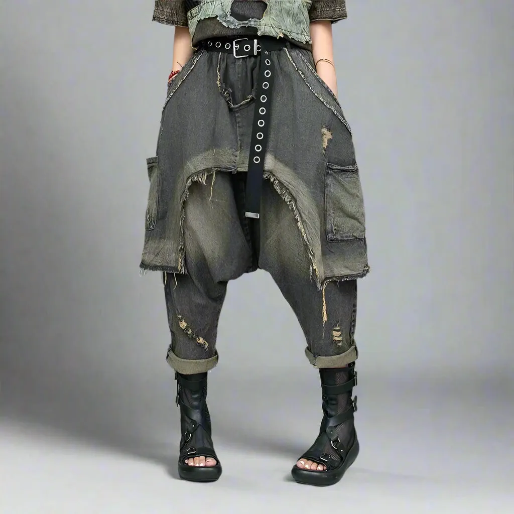 Punk Patchwork Denim Harem Pants – Distressed Layered Jeans with Edgy Overlay Design