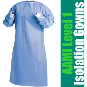 Quality AAMI Level 1 Isolation Gowns / Blue / Sizes L, X-Large, 2X-Large / 10 per Bag, 10 Bags per Case = 100 Disposable Gowns