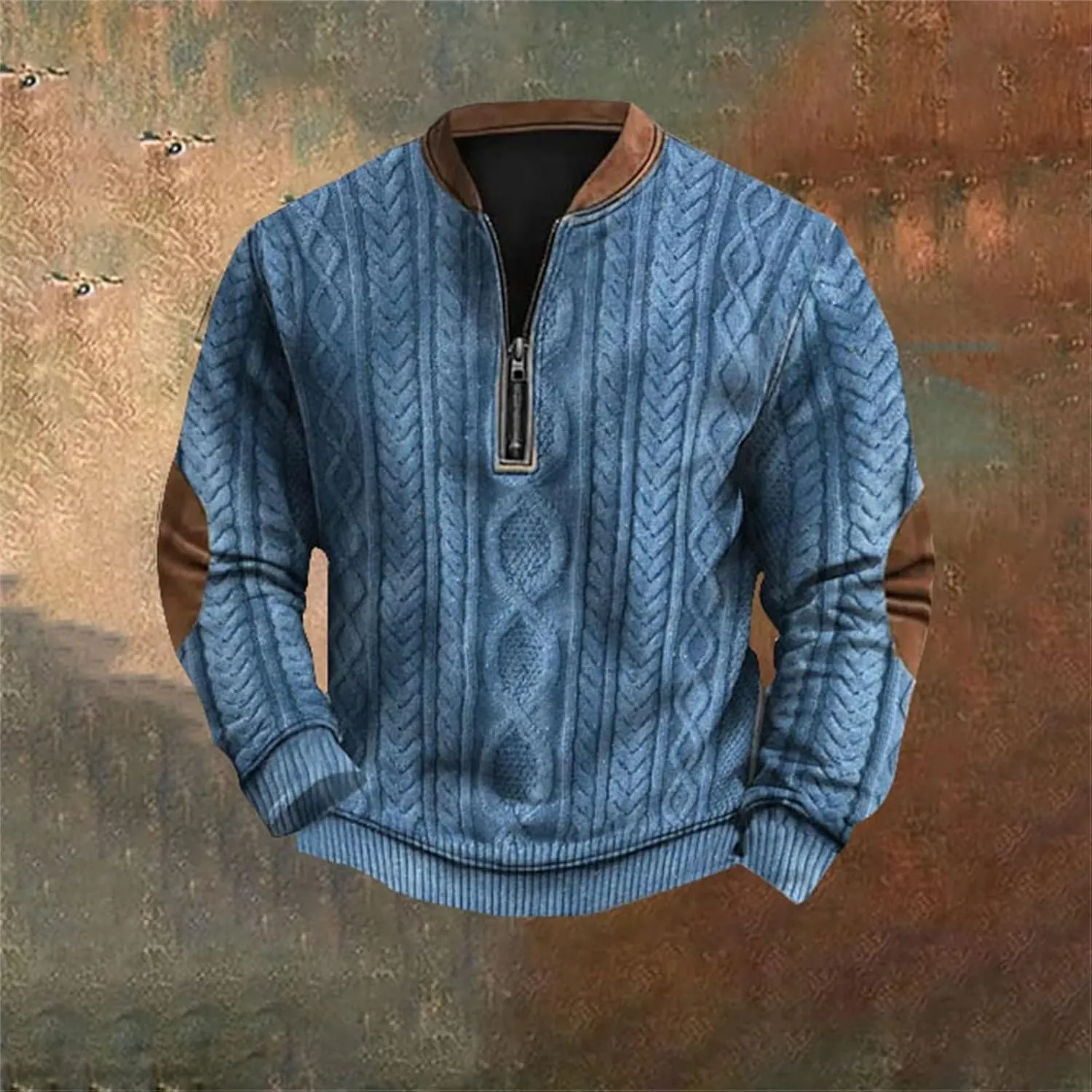 Quarter Zip Pullover Men Long Sleeve Retro 3D Pattern Western Sweatshirts Twist Knit Print Imitation Sweater Jumpers