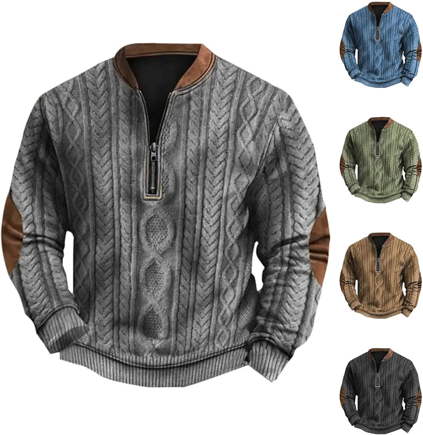 Quarter Zip Pullover Men Long Sleeve Retro 3D Pattern Western Sweatshirts Twist Knit Print Imitation Sweater Jumpers