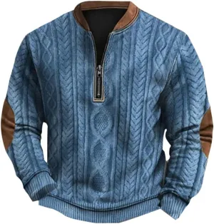 Quarter Zip Pullover Men Long Sleeve Retro 3D Pattern Western Sweatshirts Twist Knit Print Imitation Sweater Jumpers