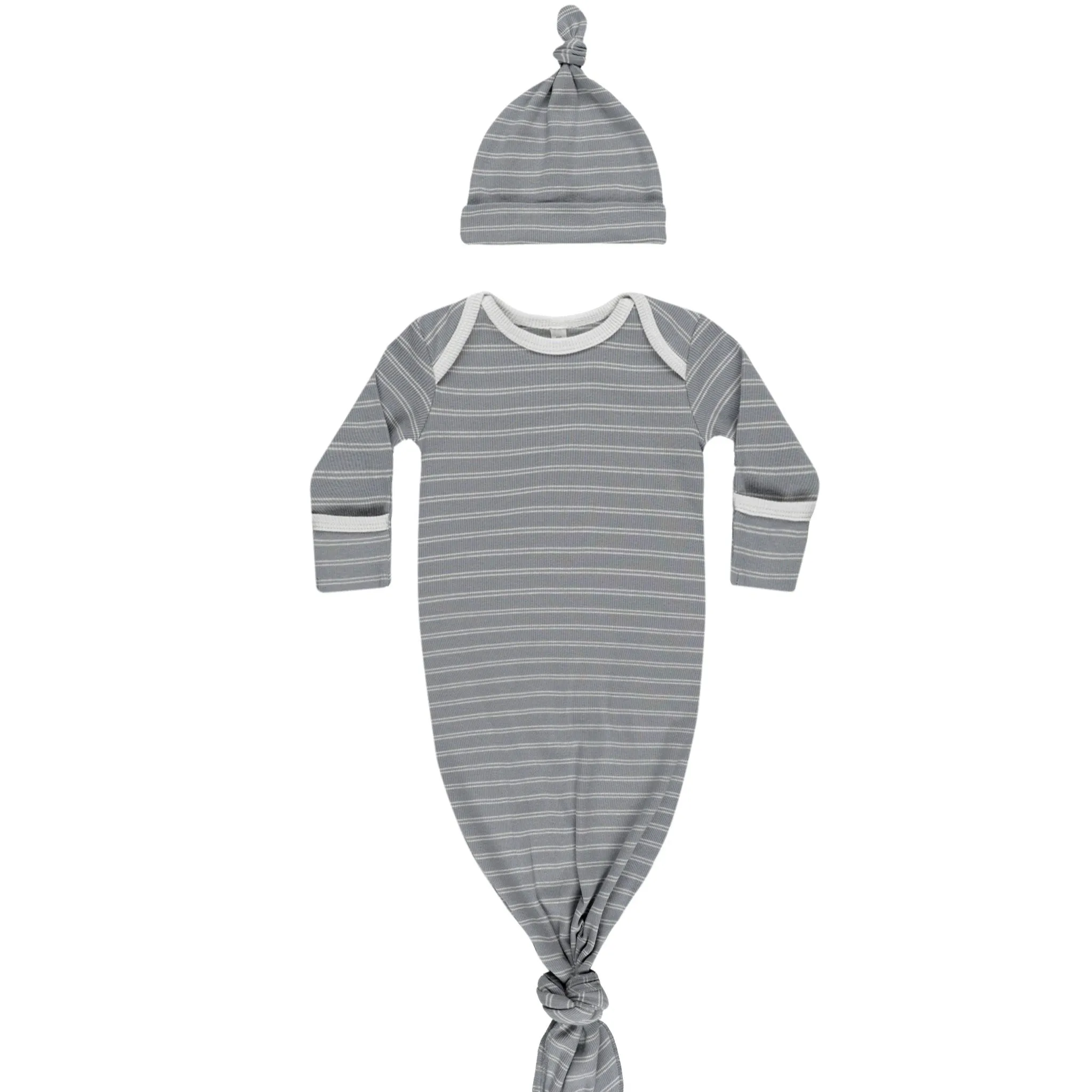 Quincy Mae Knotted Baby Gown   Hat Set - Blue Pinstripe