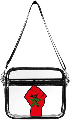 Raised Fist Morocco Flag Large Crossbody Bag Clear Stadium Bag Anti-Theft Side Shoulder Bags Messenger Bag with 2 Compartments