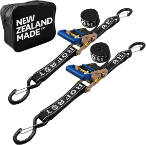 REAR TRANSOM BOAT TRAILER STRAPS RATCHET TIE DOWNS STRAP, Made in NZ - 1.5" x 4’ Heavy Duty Rear Transom with PVC Hooks For Trailered Boats, Pontoons & Jetskis - 3,300lbs Break Strength - (Pair) Black