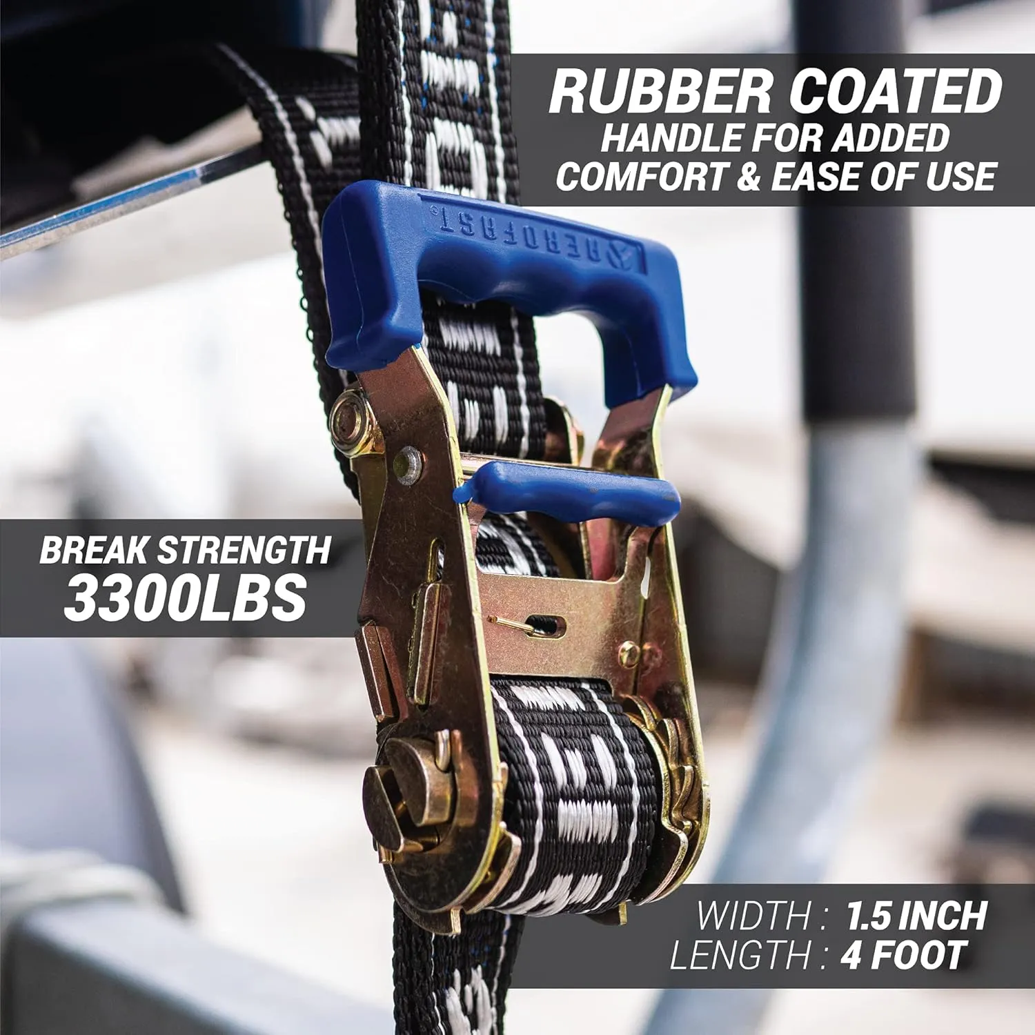 REAR TRANSOM BOAT TRAILER STRAPS RATCHET TIE DOWNS STRAP, Made in NZ - 1.5" x 4’ Heavy Duty Rear Transom with PVC Hooks For Trailered Boats, Pontoons & Jetskis - 3,300lbs Break Strength - (Pair) Black