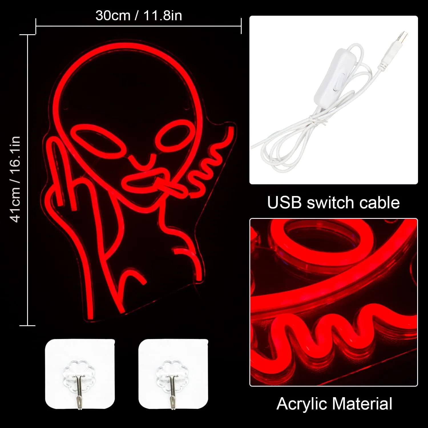 Red Alien LED Neon Signs, Shop Bar Pub Man Cave, Hip Hop Party Signs For Game Room and Bedroom Wall Decor