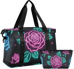 Red and Blue Neon Fluorescent Roses Travel Duffel Bags Carry on Bag with Adjustable Strap for Trekking Large Capacity