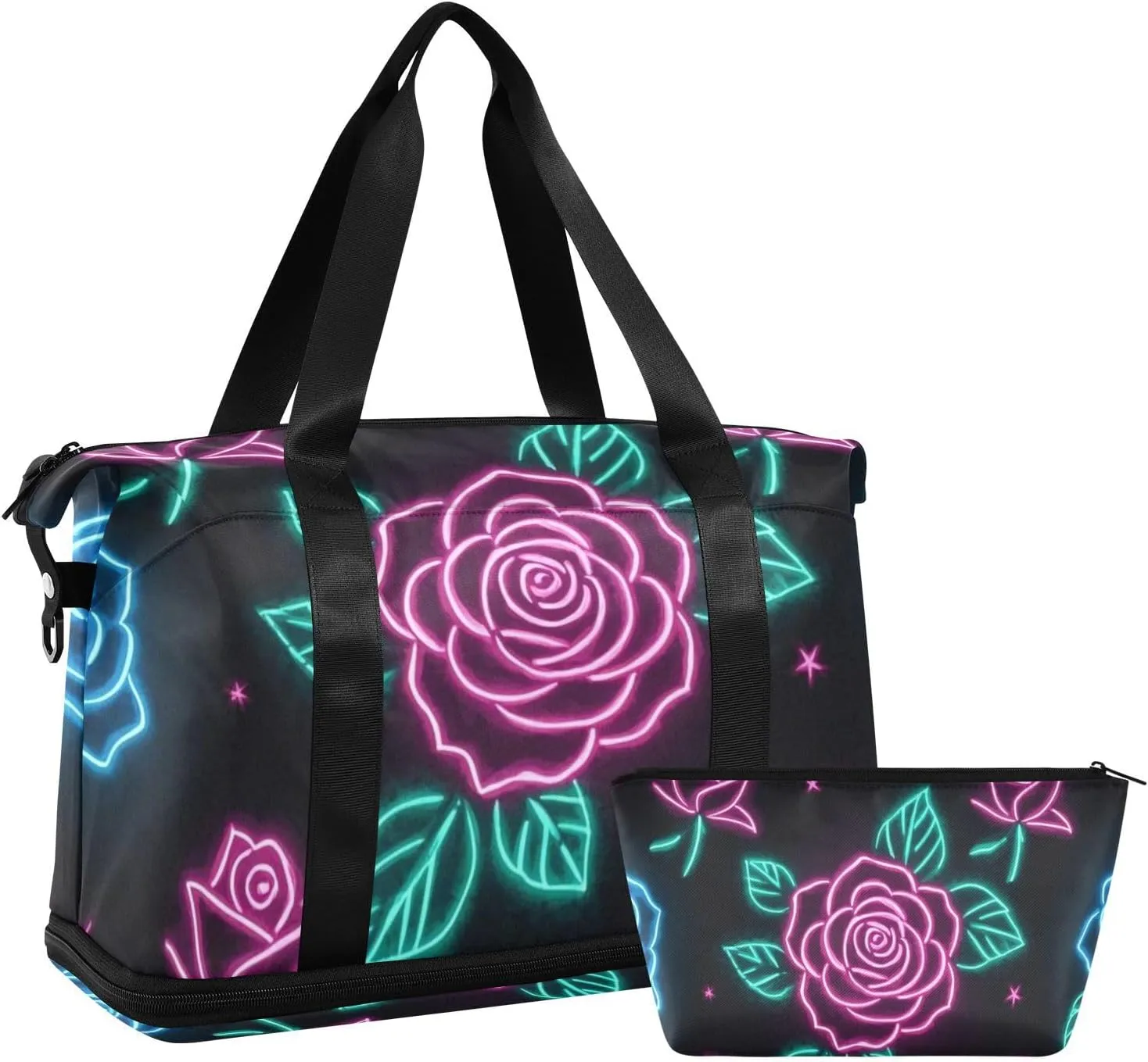Red and Blue Neon Fluorescent Roses Travel Duffel Bags Carry on Bag with Adjustable Strap for Trekking Large Capacity