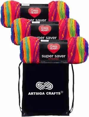 Red Heart Super Saver Favorite Stripe E300-4965 (3-Skeins - Same Dye Lot) Worsted Medium #4 Acrylic Yarn for Crocheting and Knitting with Project Bag
