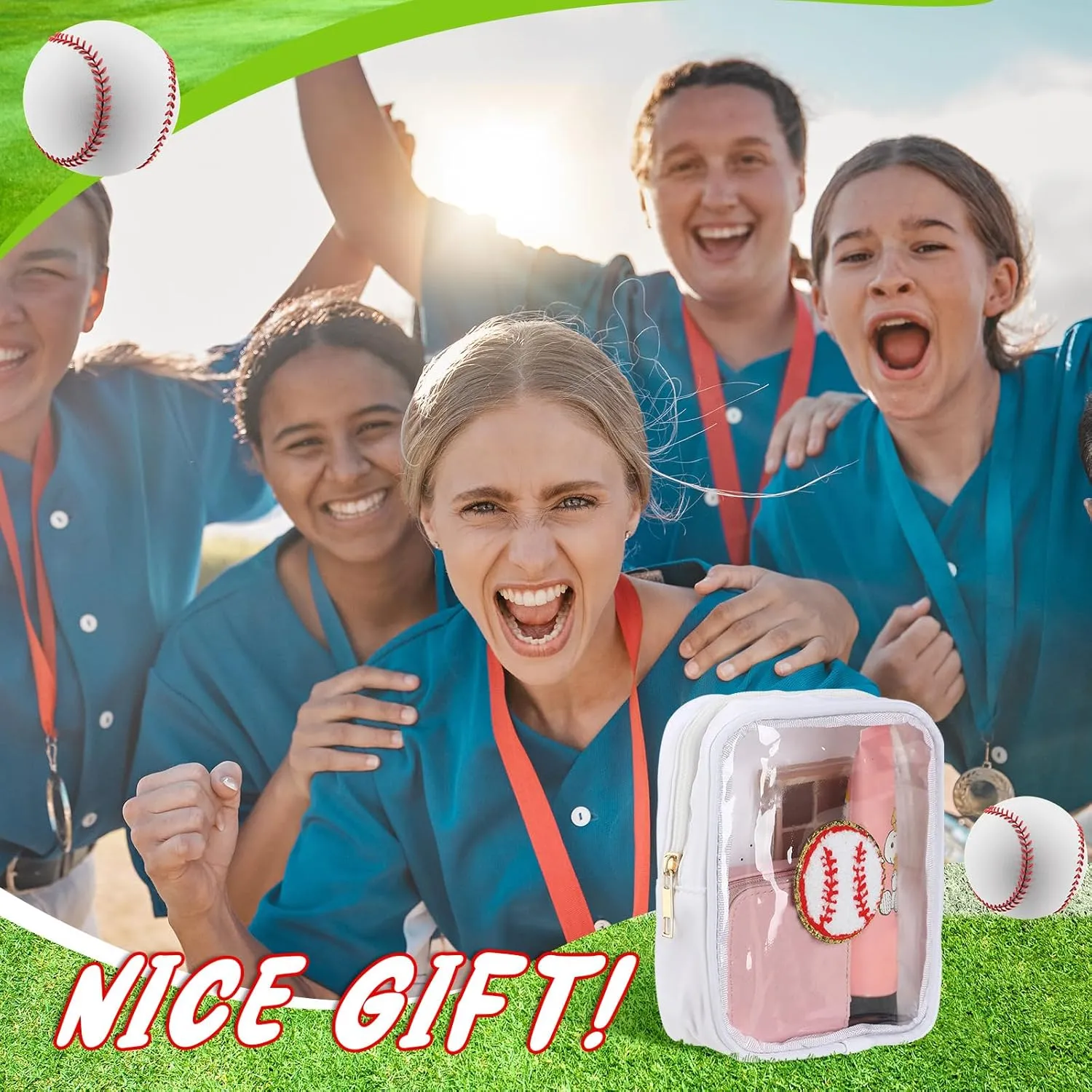 Reginary 12 Pcs Chenille Patch Gift Bags Senior Night Gift Bag Waterproof Travel Size Pack for Party Favors Team Stuff(White,Baseball)