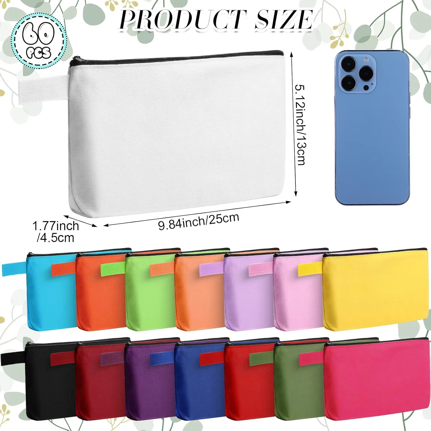 Reginary 60 Pieces Canvas Makeup Bags Bulk Cute Travel Cosmetic Pouch Multipurpose Blank Small Toiletry Bag DIY with Zipper for Travel Women Teens, 15 Colors(9.8 x 5 x 2 Inch)