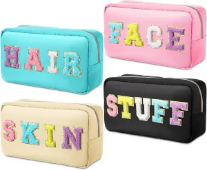 Remerry 4 Pcs Makeup Bags Travel Cosmetic Bags Organization Chenille Letter Toiletries Stuff Pouch Preppy Waterproof Gift for Women Girl Teen (Classic,Face Skin Hair Stuff)
