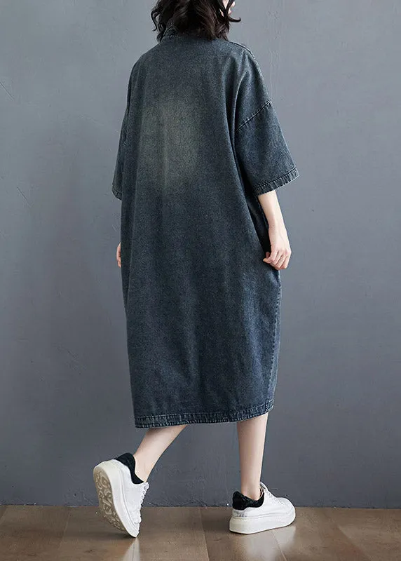 Retro Blue Peter Pan Collar Asymmetrical Patchwork Side Open Denim Dress Half Sleeve