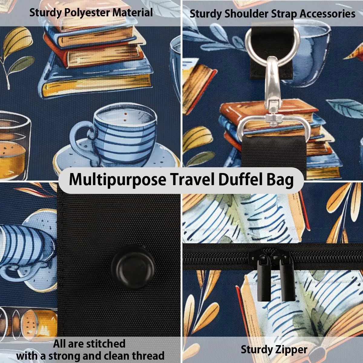 Retro Coffee Book Travel Duffle Bag for Women Men Gym Duffel Foldable Bag Waterproof Weekender Library Theme Duffle Tote