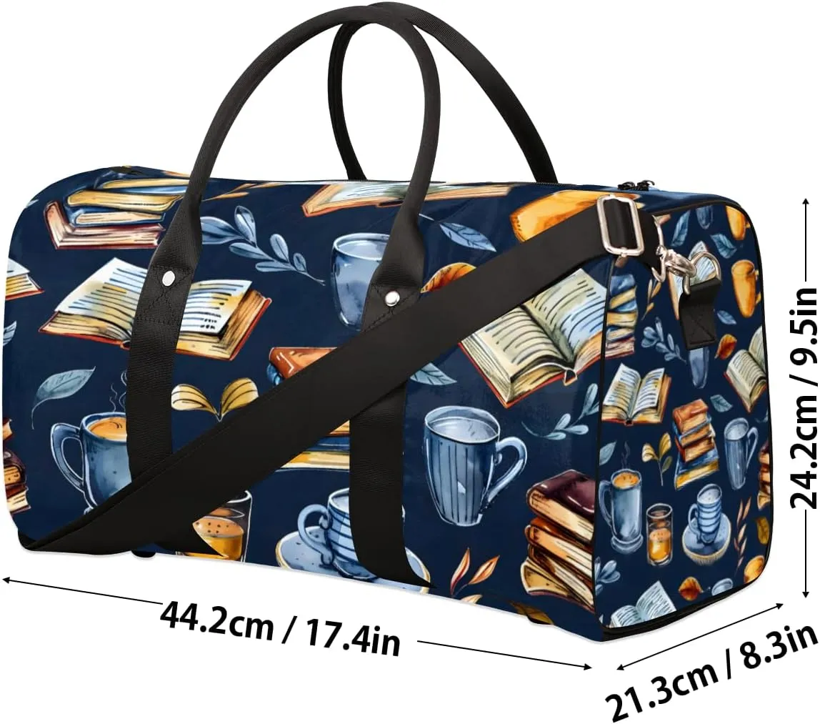 Retro Coffee Book Travel Duffle Bag for Women Men Gym Duffel Foldable Bag Waterproof Weekender Library Theme Duffle Tote