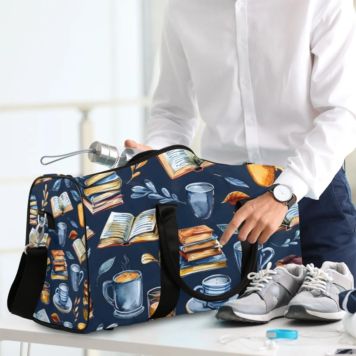 Retro Coffee Book Travel Duffle Bag for Women Men Gym Duffel Foldable Bag Waterproof Weekender Library Theme Duffle Tote