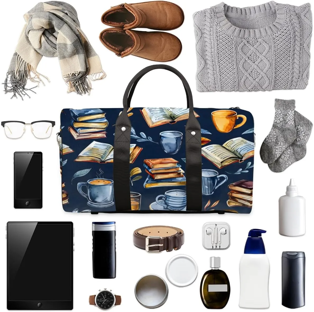 Retro Coffee Book Travel Duffle Bag for Women Men Gym Duffel Foldable Bag Waterproof Weekender Library Theme Duffle Tote