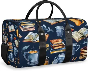 Retro Coffee Book Travel Duffle Bag for Women Men Gym Duffel Foldable Bag Waterproof Weekender Library Theme Duffle Tote