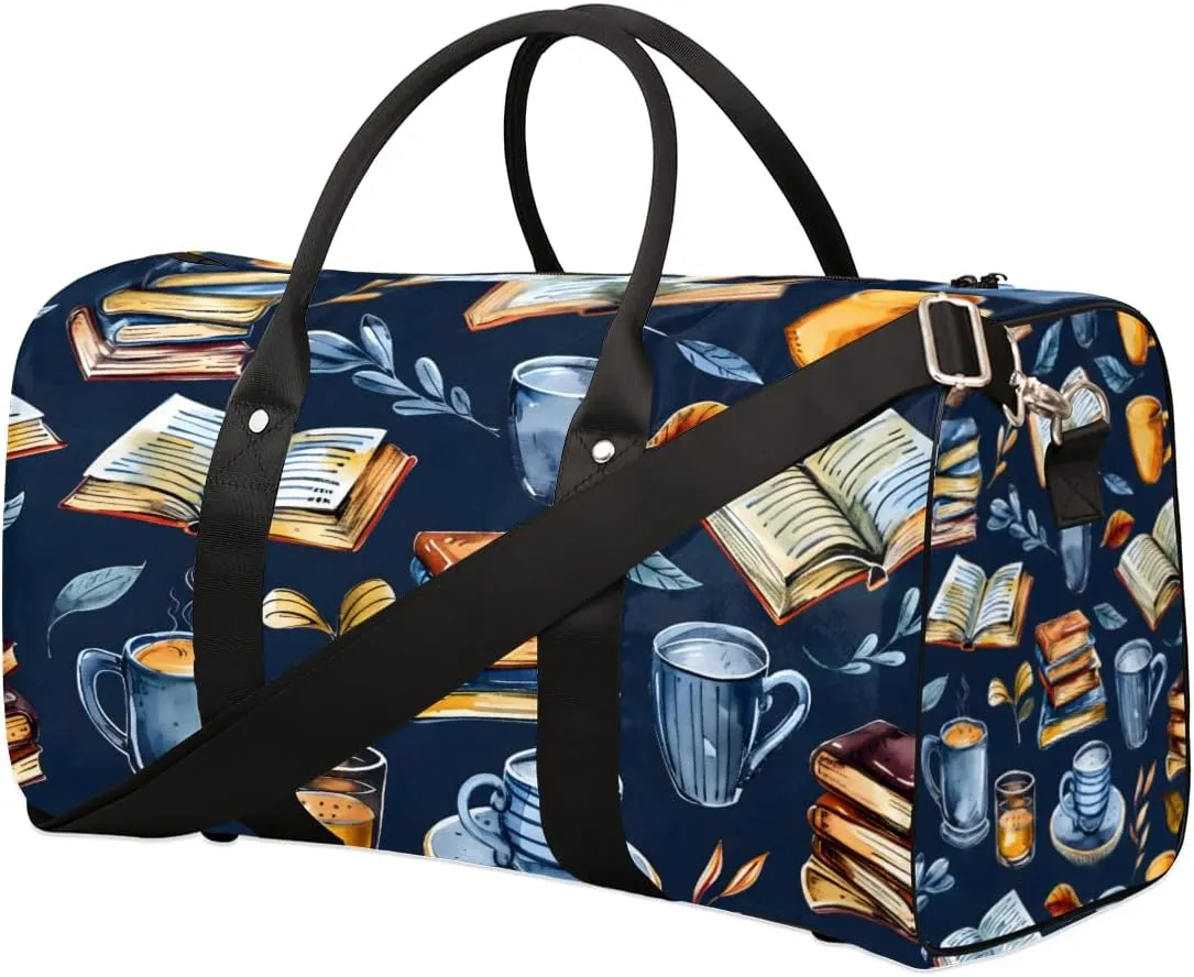 Retro Coffee Book Travel Duffle Bag for Women Men Gym Duffel Foldable Bag Waterproof Weekender Library Theme Duffle Tote