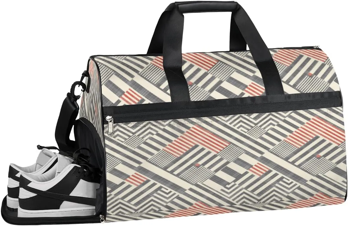 Retro Pattern Gym Bag for Women and Men Duffel Bag for Sports Gyms and Weekend Getaway Stripe Tiles Water-resistant Travel Dufflebag with Shoe Compartments