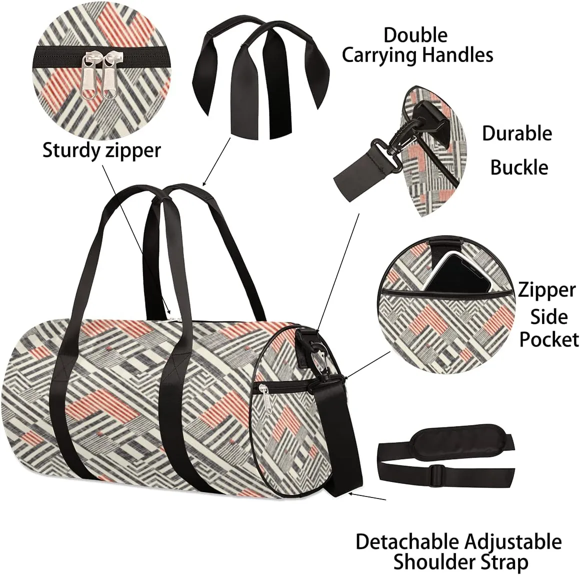 Retro Pattern Gym Bag Small Gym Duffel Bags for Men Women Stripe Tiles Overnight Weekender Bag Lightweight Sport Duffle Bag Carry On Gymbag