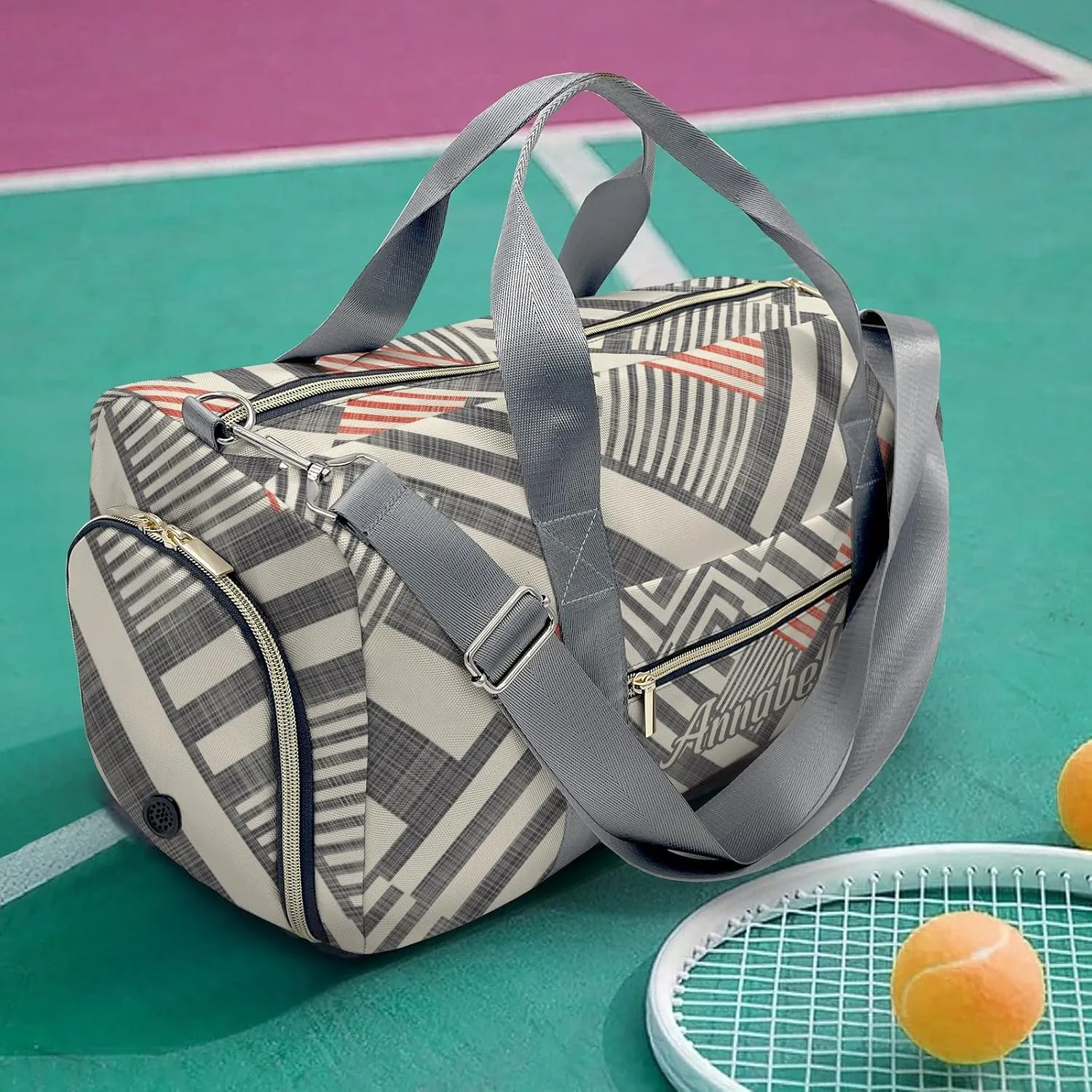 Retro Stripe Personalized Duffel Bag with Name Custom Travel Bag for Woman Men Sports Gym Dance Bags Wet Dry Pockets Shoes Compartment Overnight Weekend Bag