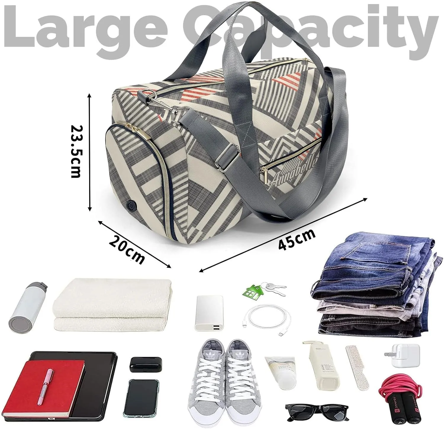Retro Stripe Personalized Duffel Bag with Name Custom Travel Bag for Woman Men Sports Gym Dance Bags Wet Dry Pockets Shoes Compartment Overnight Weekend Bag