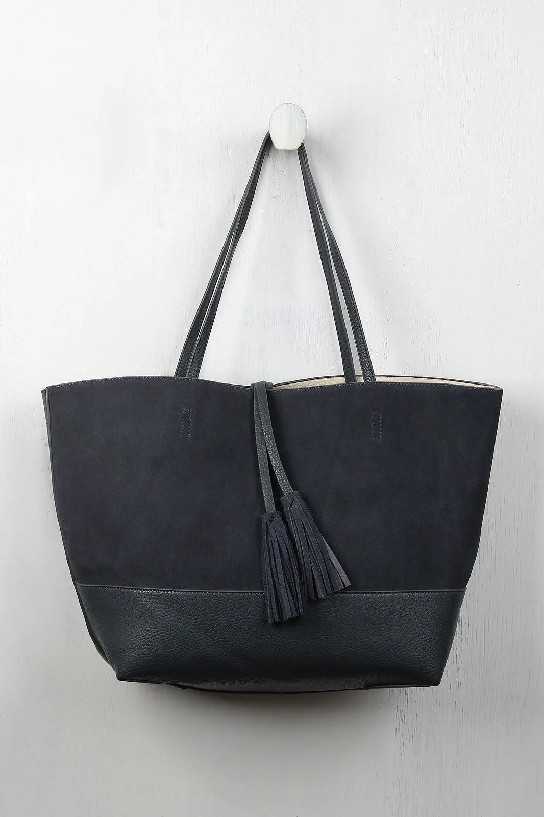 Reversible Suede And Leather Tassel Tote Bag