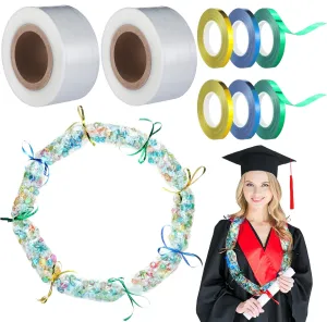 Ribbonlic 2 Roll Poly Tubing 2.8 Inch x 312 ft Clear Graduation Candy Candy Lei Tubing Making Kit and 6 Rolls Ribbon Making Kit for Graduation Wreaths Packing Snacks DIY Party Gift