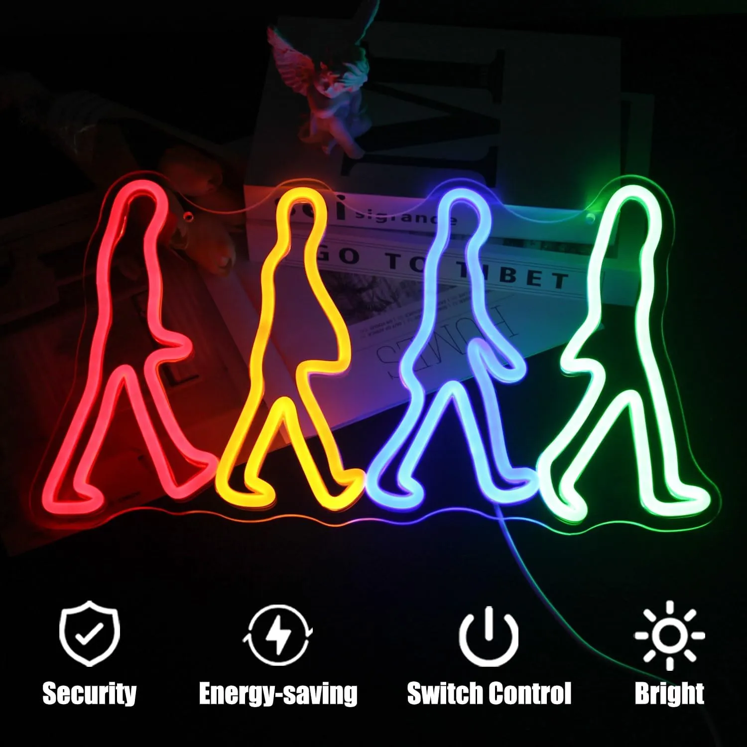 Rock Band Neon Sign Four People Walking Neon Lights for Bedroom Music LED Sign Abbey Road Wall Art Light Up Sign for Game Room Man Cave Decor Rock Music Fans Gifts