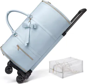 Rolling Garment Bag with Wheels, Luxury Travel Garment Duffle Bag for Women, 3-in-1 Convertible Suit Carry On Garment Bag for Travel PU Leather Luggage Bag for Business w/Shoe Pouch, Blue