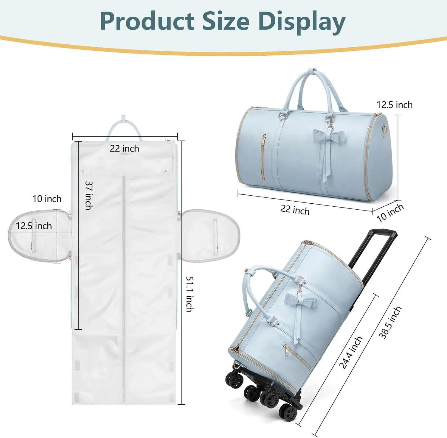 Rolling Garment Bag with Wheels, Luxury Travel Garment Duffle Bag for Women, 3-in-1 Convertible Suit Carry On Garment Bag for Travel PU Leather Luggage Bag for Business w/Shoe Pouch, Blue