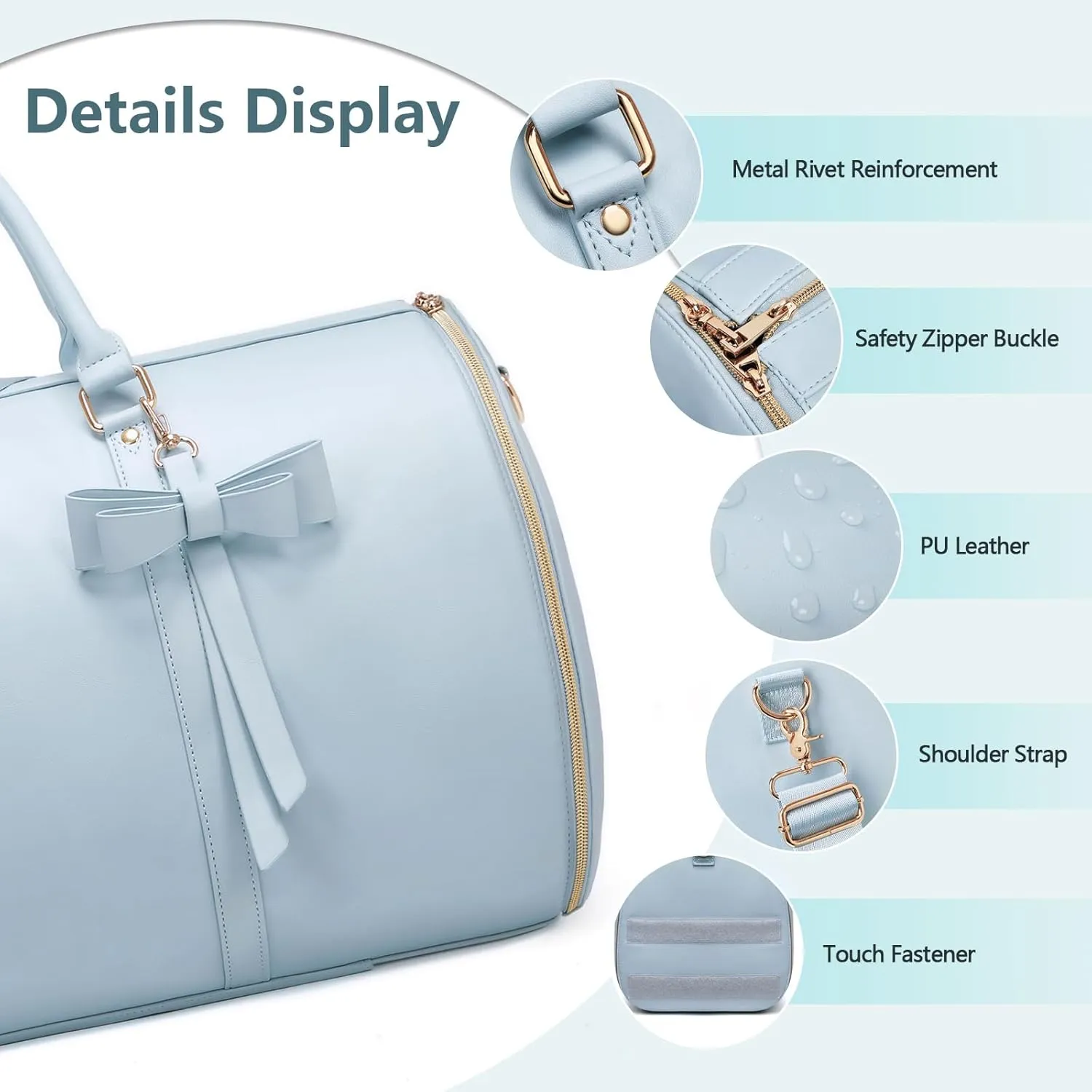 Rolling Garment Bag with Wheels, Luxury Travel Garment Duffle Bag for Women, 3-in-1 Convertible Suit Carry On Garment Bag for Travel PU Leather Luggage Bag for Business w/Shoe Pouch, Blue