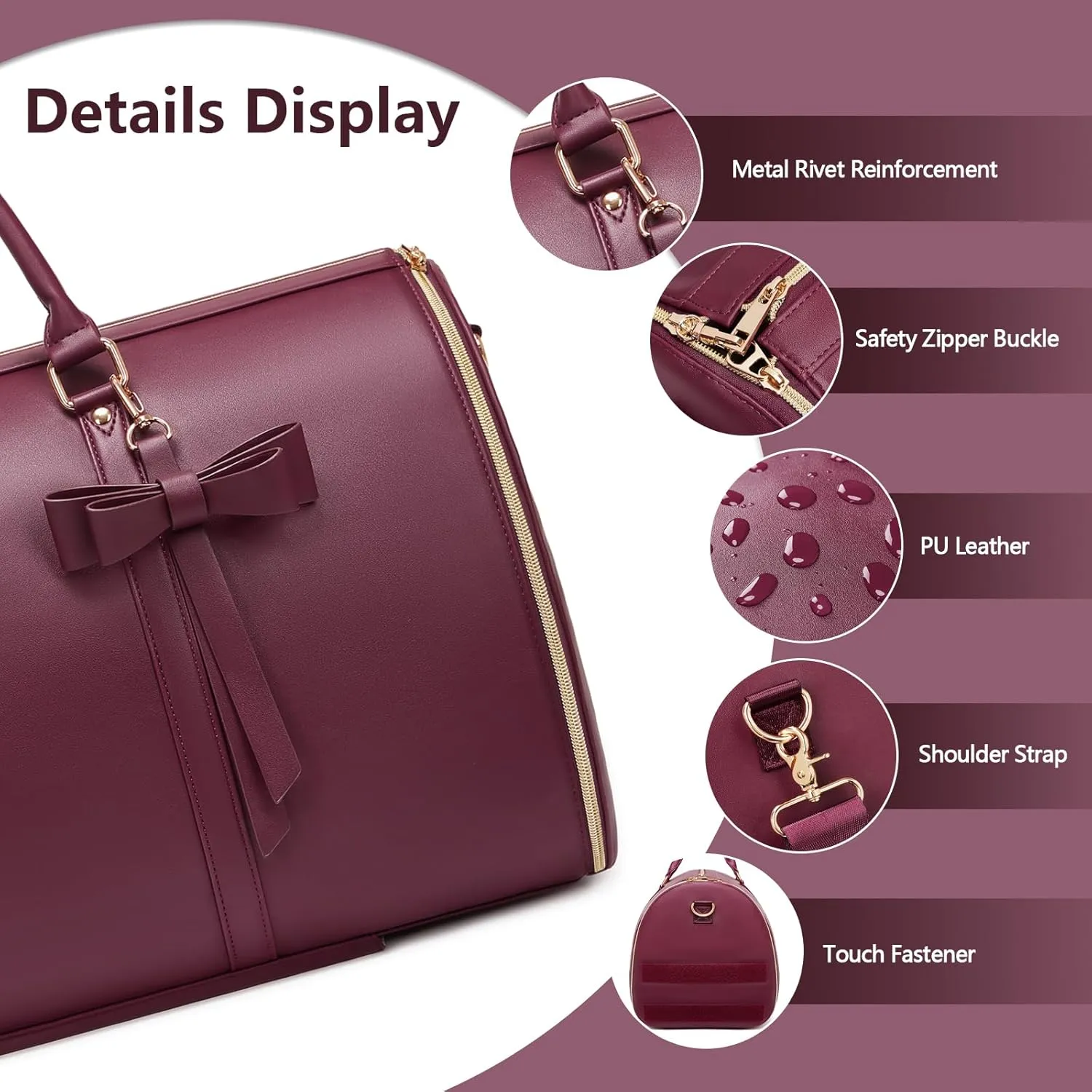 Rolling Garment Bags For Travel, Luxury Duffel Bag with Wheels,3-in-1 Suit Luggage Bag for Women Business Trip & Travel With Shoe Pouch, Foldable PU Leather Carry On Garment Bag, Red