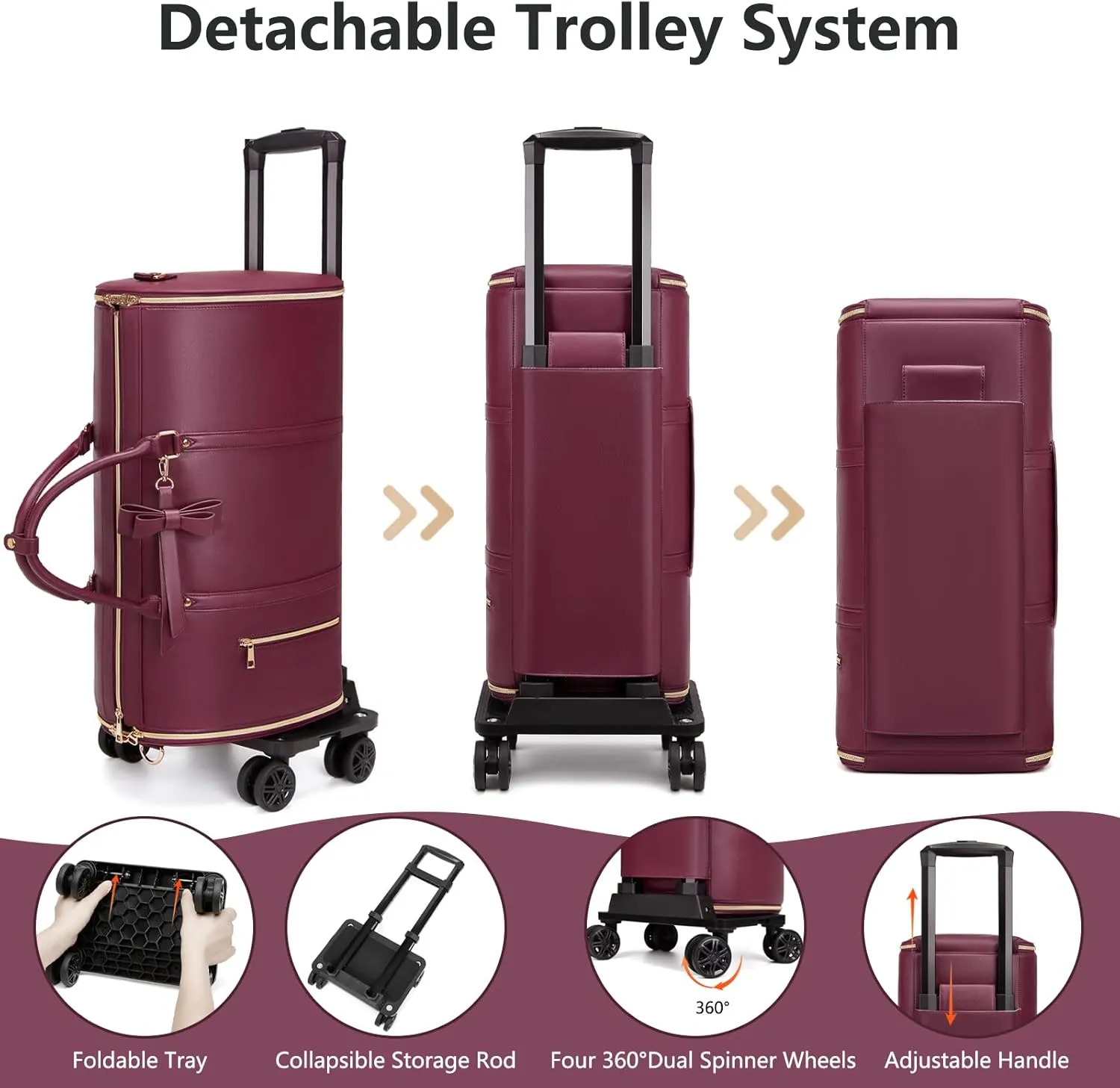 Rolling Garment Bags For Travel, Luxury Duffel Bag with Wheels,3-in-1 Suit Luggage Bag for Women Business Trip & Travel With Shoe Pouch, Foldable PU Leather Carry On Garment Bag, Red