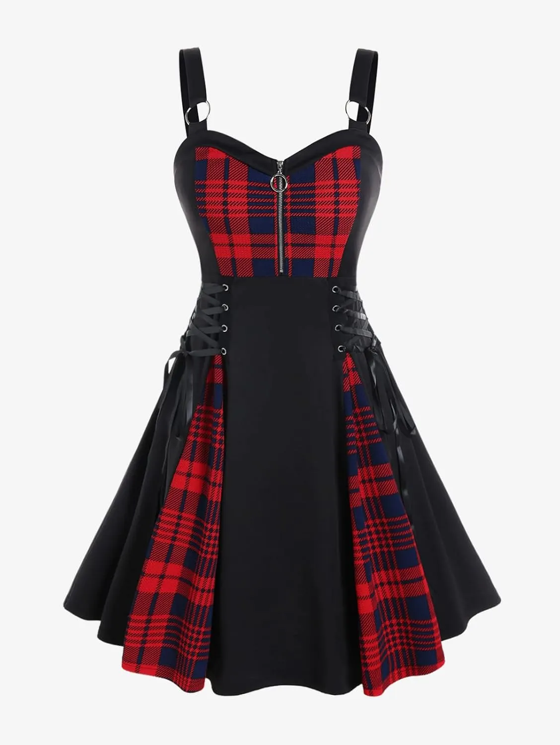 Rosegal Gothic Lace Up Plaid Half Zipper Fit and Flare Gothic Dress