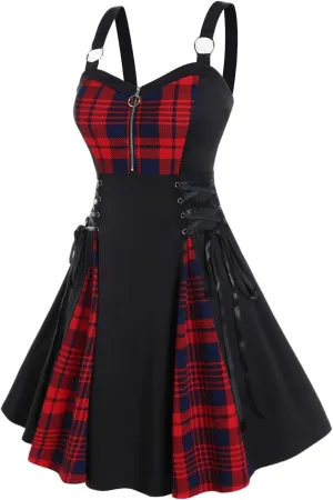 Rosegal Gothic Lace Up Plaid Half Zipper Fit and Flare Gothic Dress