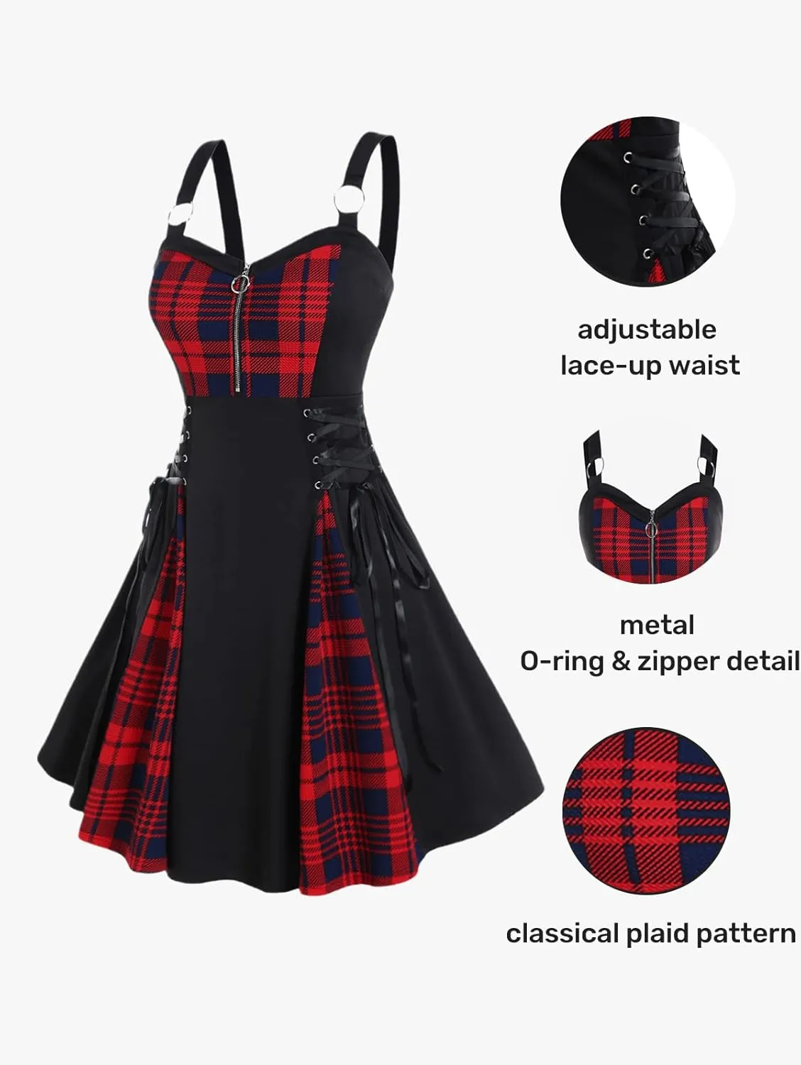 Rosegal Gothic Lace Up Plaid Half Zipper Fit and Flare Gothic Dress